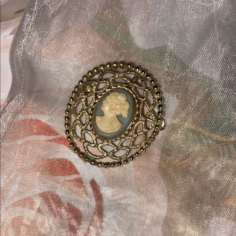 Vintage Gold and Blue Cameo Brooch
